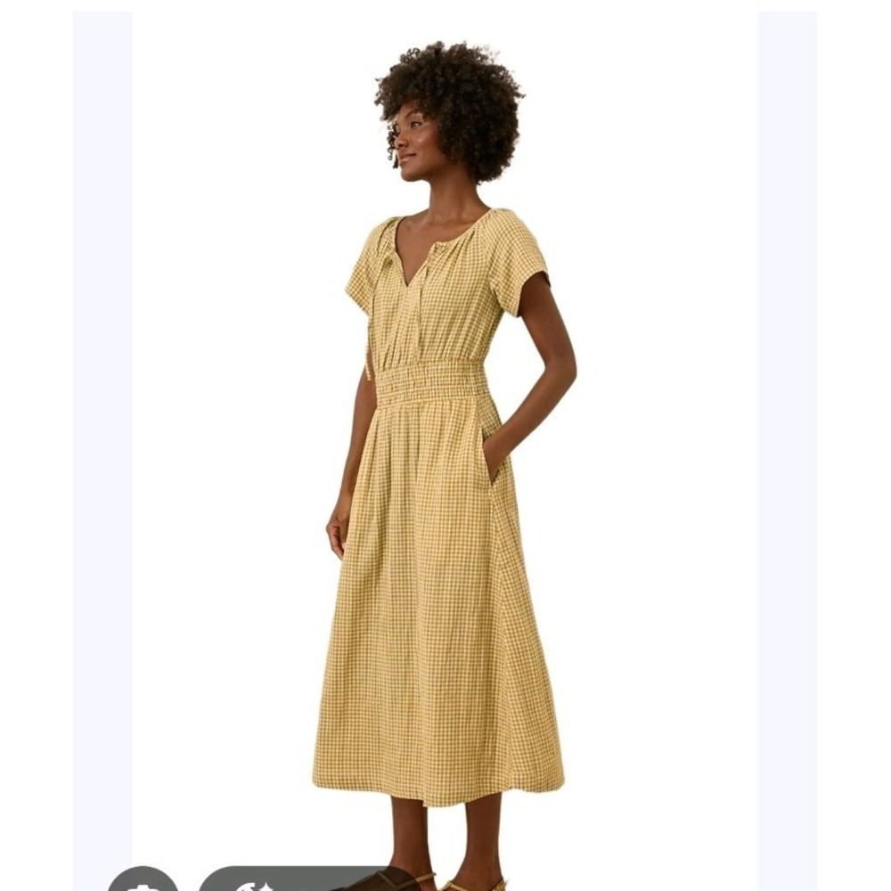 Pact Women's Coastal Double Gauze Boho Midi Dress Medium Gold Gingham Organic